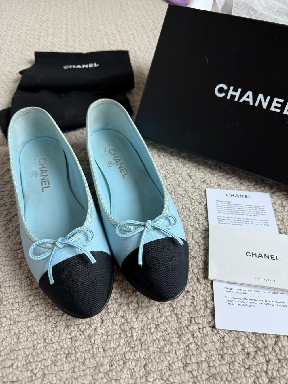 Chanel light blue and black leather ballet flats 39 1/2